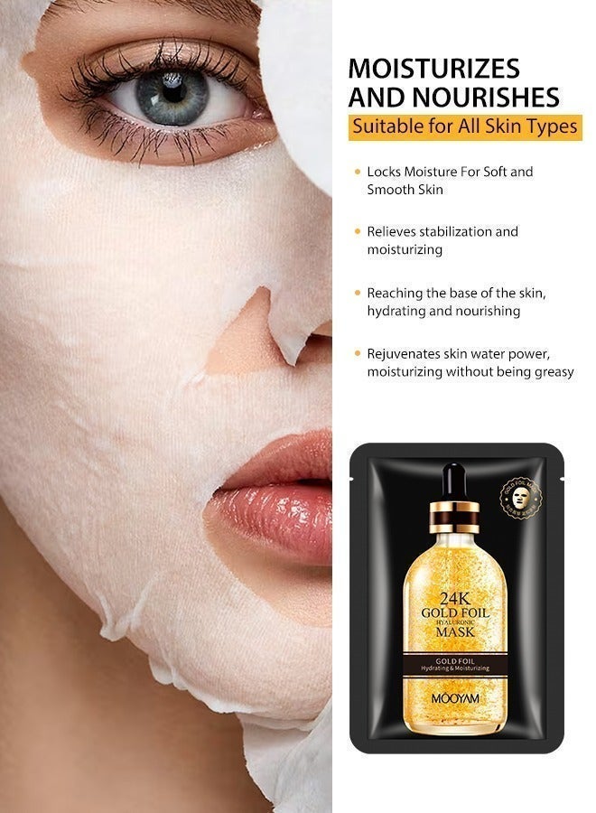MOOYAM 24K Gold Foil Hydrating Mask with Hyaluronic Acid for Intense Moisturizing and Firming for All Skin Types (10-Packs) - Image 4